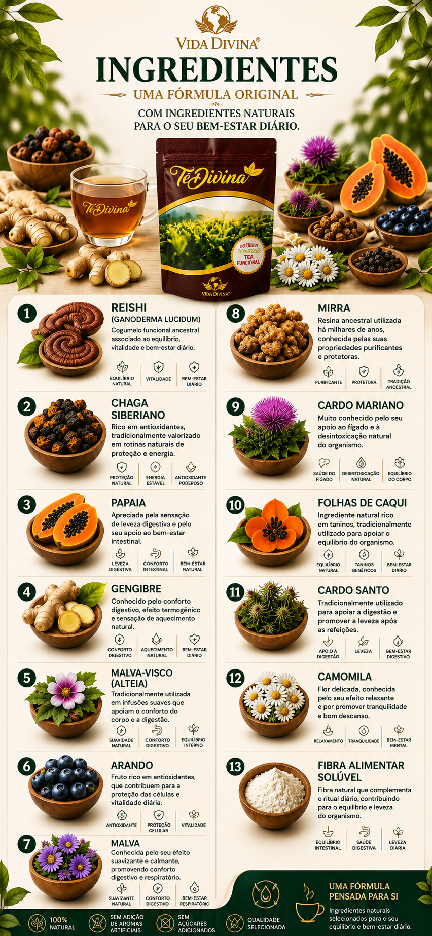 Os 13 ingredientes naturais do TéDivina
